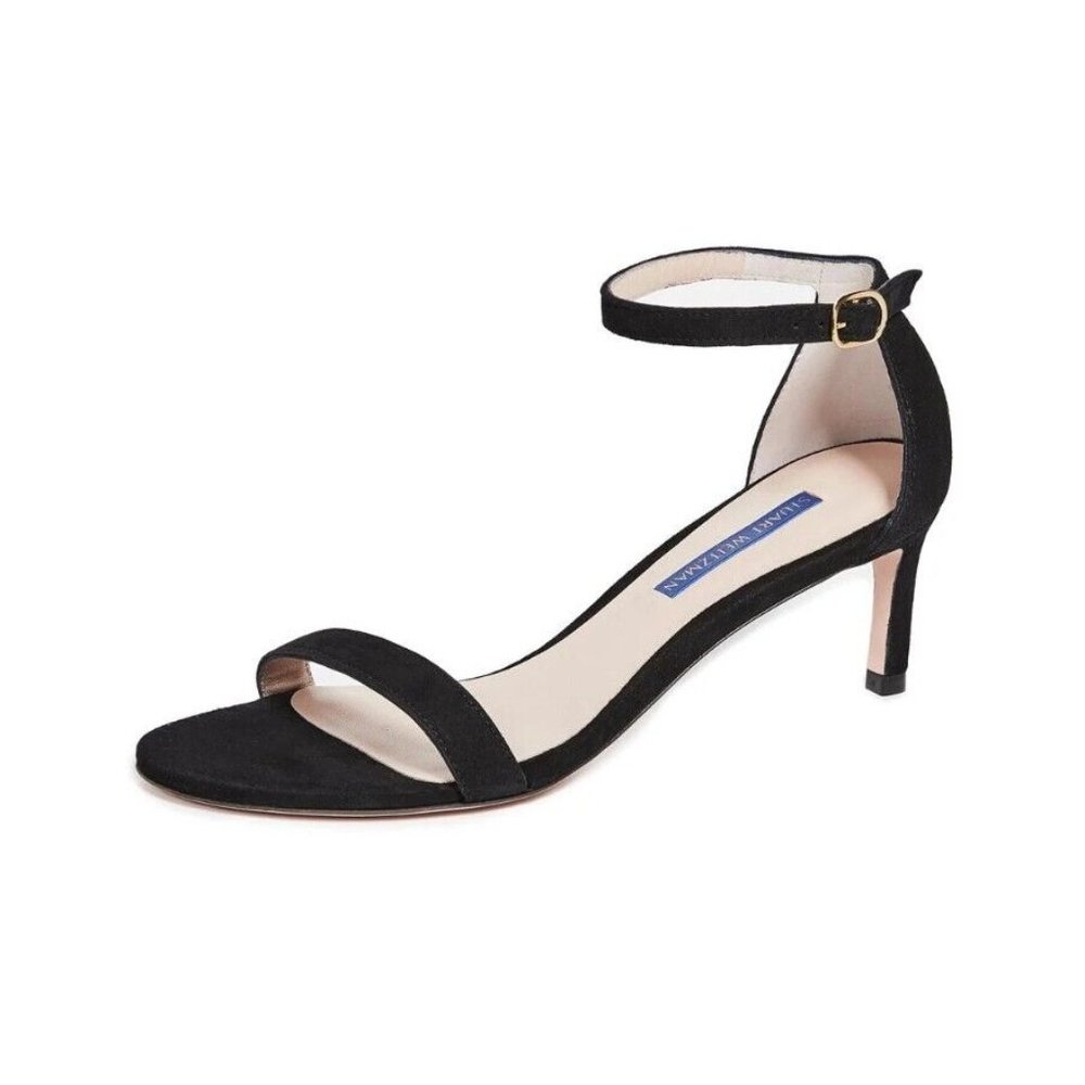 $450 STUART WEITZMAN NUNAKED STRAP SANDAL 2.75" SUEDE BLACK SIMPLE 8.5 (DA9)